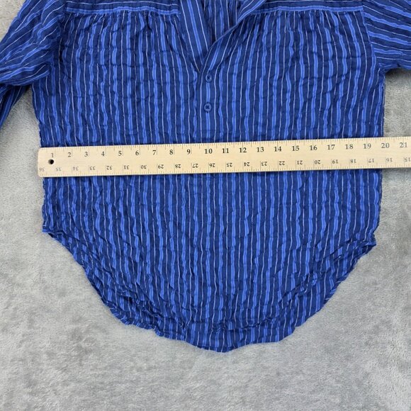 Margaret O'Leary Shirt Womens Medium Blue Striped Crinkle Button Front Top - Picture 7 of 9